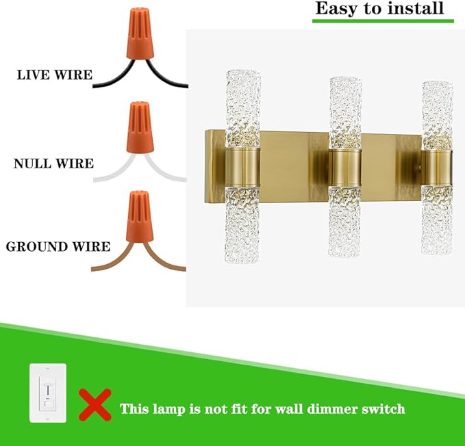 Gold Bathroom Light Fixture, Modern Brushed Vanity Light with, Crystal 6 Light Bathroom Vanity Light Fixtures Over Mirror, 27w LED Hardwired Wall Sconce, Warm White