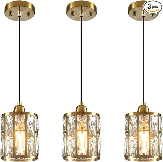 Gold 3 Pack Kitchen Pendant Lighting Over Island Modern Crystal Glass Shade Adjustable Hanging Fixture for Dining Hallway Bedroom Matte