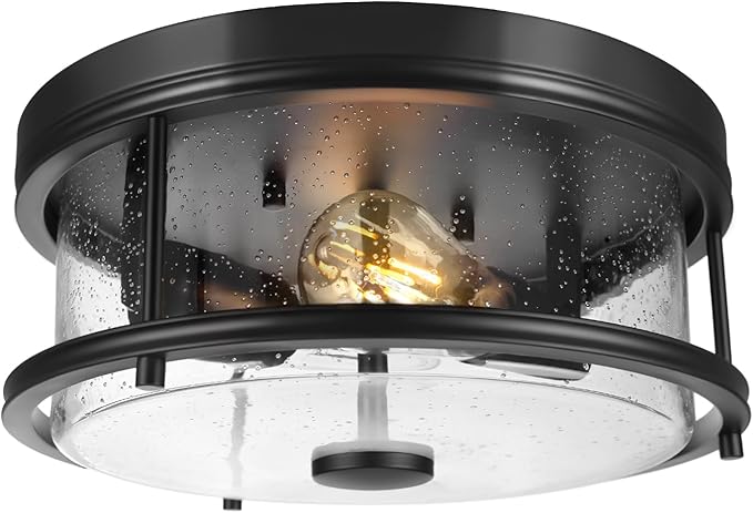 Farmhouse Flush Mount Ceiling Light Fixture, 12 Inch Rustic Close to Ceiling Light Fixtures Metal Cage Lighting with Seeded Glass for Home Kitchen Bedroom Dining Room Entryway Hallway