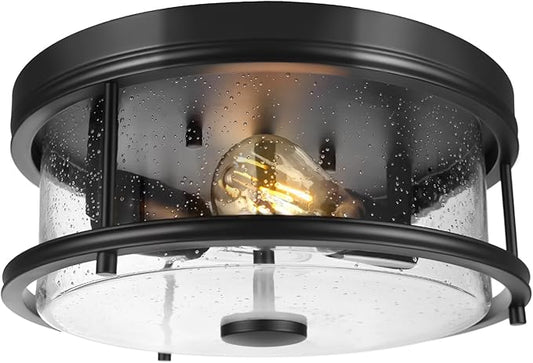 Farmhouse Flush Mount Ceiling Light Fixture, 12 Inch Rustic Close to Ceiling Light Fixtures Metal Cage Lighting with Seeded Glass for Home Kitchen Bedroom Dining Room Entryway Hallway