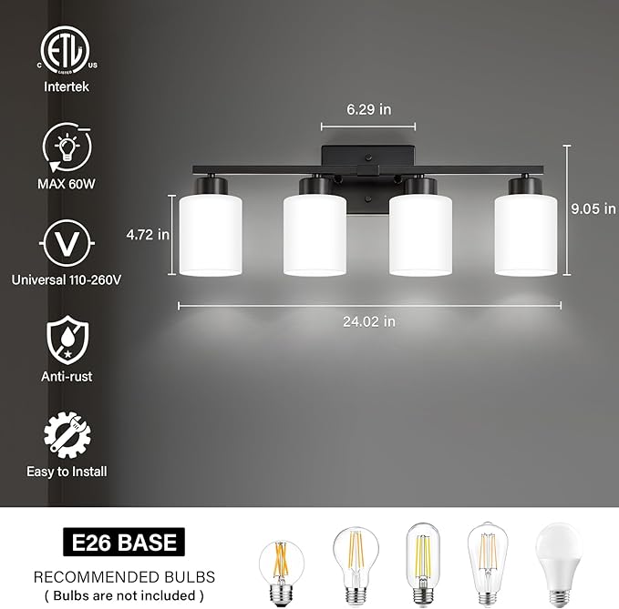 FonmYim Black Bathroom Light Fixtures, 4-Light Modern Vanity Light Over Mirror, Wall Sconces with Milky White Frosted Glass Shades, E26 Socket (Bulbs Not Included)