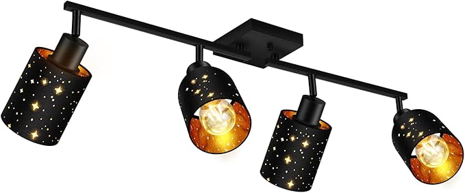 4 Light Track Lighting Kit, Black 4 Way Modern Flexible Ceiling Spotlight, Industrial LED Wall Light for Kitchen Cabinet Gallery Bar Hallway Living Room, Black Stars Design Contemporary, E26 Socket