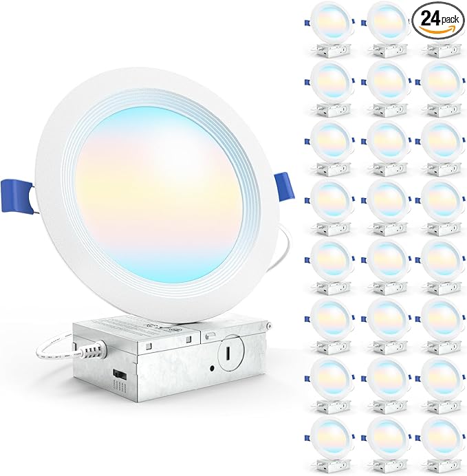 Sunco 24 Pack 6 Inch LED Recessed Light, Ceiling Canless Recessed Lights, Baffle Trim, 1200 LM, 14W, Selectable CCT 2700K/3000K/4000K/5000K/6000K, Dimmable with Junction Box