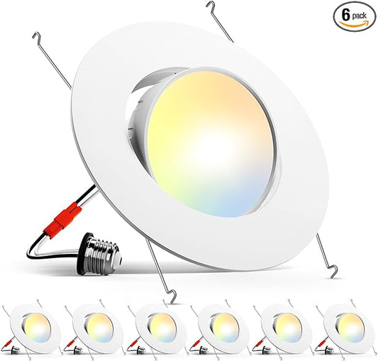 Amico 5/6 Inch Retrofit Eyeball Gimbal Can Lights 6 Pack, Metal Trim, 5CCT LED Recessed Lights Directional Angled Trim Adjustable Ceiling Downlight, 16W=150W, 1500 LM- ETL&FCC