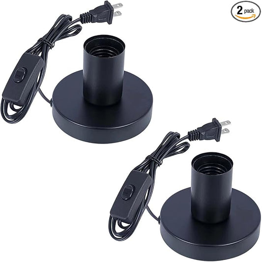 Industrial Table Lamp, Small Metal Desktop Light Socket Base, Vintage E26/E27 Edison Screw Light Bulb Holder, 5.57ft Cord, On/Off Switch, US Plug (Black, Set of 2)