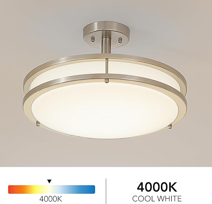 16 Inch LED Semi Flush Mount Ceiling Light, 24W Dimmable LED Ceiling Light, 1450LM Brightness, 4000K Neutral White, Brushed Nickel Lighting Fixture for Bedroom, Hallway, Kitchen, cETL Listed