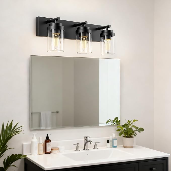 IZORRO Bathroom Vanity Light Fixture, 3-Light 22 Inch Matte Black Bathroom Light Fixtures Over Mirror, with Clear Glass Shade, Modern Farmhouse Vanity Lights, Rustic Restroom Lighting Fixtures