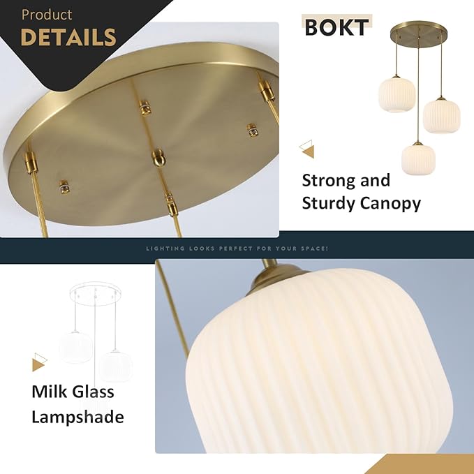 BOKT White Pendant Lights Kitchen Island 3 Light Globe Cluster Pendant Light Large Ribbed Glass Cluster Chandelier Gold Vintage Adjustable Hanging Light Fixture for Sink Dining Room