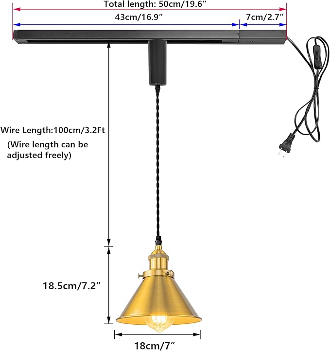 1x Plug in Cable Track Rail, 2X Adjustable Cord Gold Track Lighting Fixtures E26 Base H-Type Vintage Design for Kitchen Loft(No Bulb)