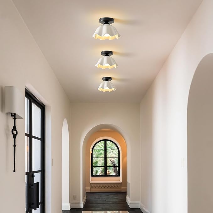 2 Pack Semi Flush Mount Ceiling Light - Flower Glaze Ceramic, Black Vintage Hallway Light Fixtures, White Globe Ceiling Lights, Mid Century Small Light Fixture for Cottage Entryway Laundry Room Foyer