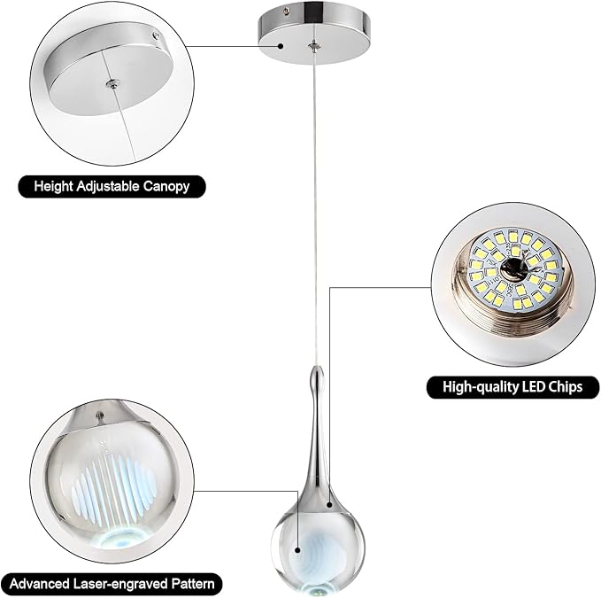 CHYING Modern LED Crystal Pendant Light Chrome Teardrop Kitchen Island Lights Fixture 6000k Cool White Globe Ceiling Hanging Lighting for Living Room Dining Room Bedroom Bathroom