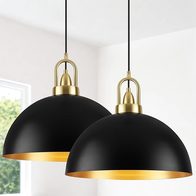 16'' Large Black Pendant Lights for Kitchen Island Lighting, 2-Pack Modern Farmhouse Industrial Dome Hanging Ceiling Pendant Lighting Fixture for Dining Room, Bar, Living Room