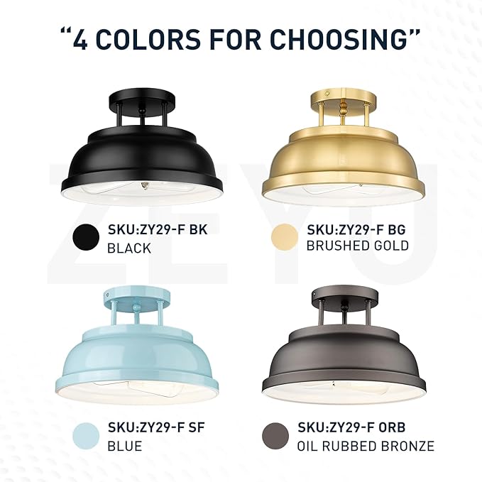zeyu 12'' Industrial Semi Flush Ceiling Light, 2-Light Flush Mount Ceiling Lamp for Bedroom Dining Room, Metal Dome Shade in Black Finish, ZY29-F BK