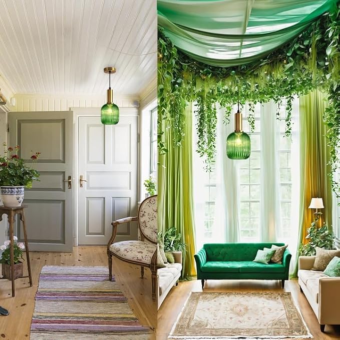 Stunning Green Striped Glass Pendant Light Fixture, 7.87", Bonus 2 A60 Bulbs Included, 2-Pack with Flexible Cords – Enchanting Addition to Kitchen Island, Bedroom Décor