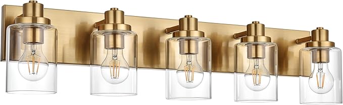5 Light Bathroom Vanity Lights Brushed Brass Bathroom Lighting Fixtures Over Mirror with Clear Glass Shades, Modern Industrial Wall Sconces Vanity Lighting Fixture for Bedroom Living Room