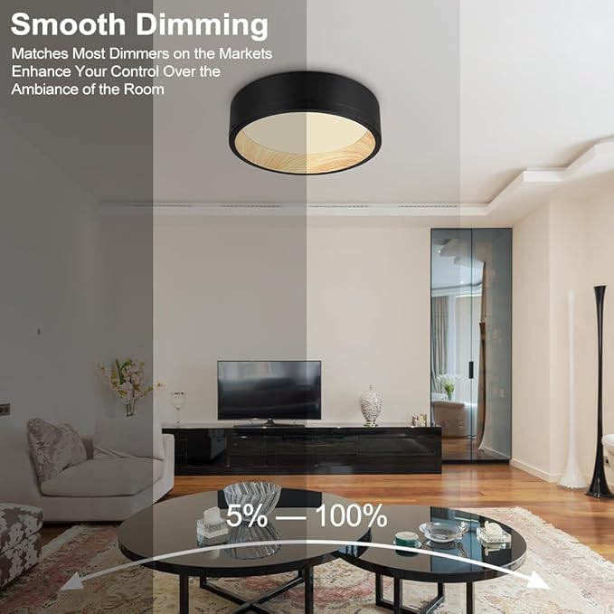 DAKASON 2Pack Black Ceiling Light Flush Mount, Modern LED Ceiling Light Fixture Dimmable with Metal Frame and Wood Painting, 12.5’’ 25W 3/4/5000K CCT Selectable for Kitchen Hallway Dining Living Room