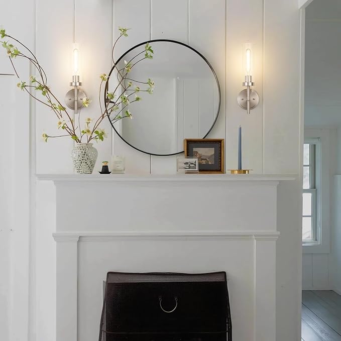 SANTOSTOCK Brushed Nickel Hardwired Wall Sconces Set of 2, Modern Bathroom Sconces Vanity Light Fixture, Farmhouse Wall Mount Lamps for Mirror Living Room Bedroom Hallway