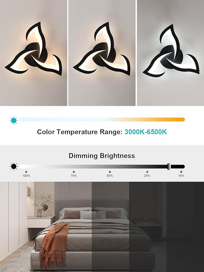 Goeco Modern Ceiling Light, Dimmable Black Acrylic Ceiling Light with Remote Control (3000K-6500K), 3-Head Flower Shape LED Ceiling Lamp for Living Room, Bedroom, Dining Room, Kitchen