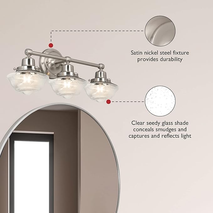 Design House Vintage-Inspired Schoolhouse 3-Light Dimmable Vanity Light, 23.125 in x 7.625 in x 9.5 in, Satin Nickel, Clear Seeded Glass Shades, 589143-SN