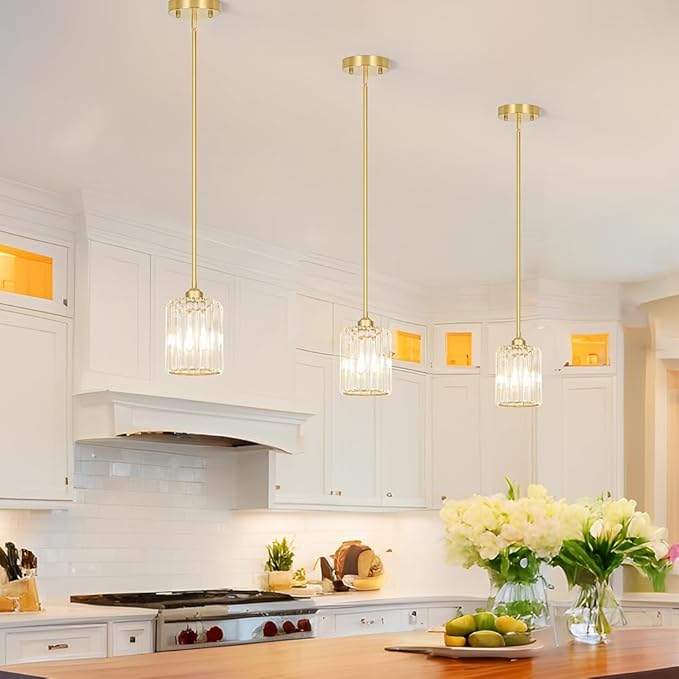 Lxybcce Gold Kitchen Pendant Lights Over Island with Adjustable Rods - Crystal Pendant Lighting Fixtures for Sloped Ceiling, Ideal Over Dining Table or Bar, E26 Bulb Compatible, No Electrician Needed