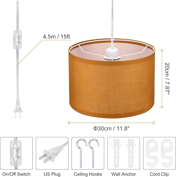 PATIKIL Plug in Pendant Light, 2 Pack 15Ft Rope Cord Hanging Lamp Fixture with ON/Off Switch, Linen Fabric Shade E26/E27 Bulb Socket for Bedroom Kitchen Living Room, Dark Orange