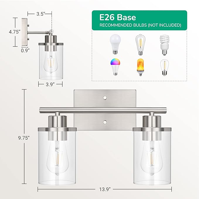 EDISHINE Vanity Light Fixtures, 2 Light Bathroom Vanity Light Fixtures Brushed Nickel, Modern Wall Sconces for Bathroom, Powder Room, Bedroom, Kitchen (E26 Base)