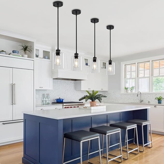 3 Pack Black Pendant Lights Kitchen Island, Modern Glass Pendant Lighting Over Island Kitchen Hanging Dining Room Light Fixtures Adjustable Pendant Lights for Bathroom Hallway Entryway Bedroom