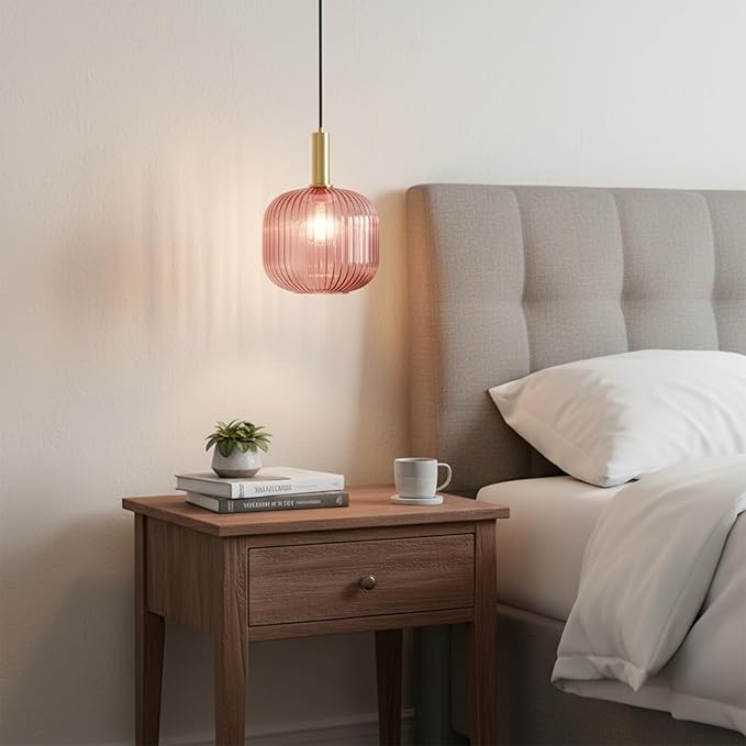 Pink Plug in Pendant Light, 9.8" Mid-Century Modern Ribbed Glass Hanging Lamp with 15ft Cord & On/Off Switch, Hand-blown Striped Glass Pendant Lighting for Bedroom, Kitchen Island, Dining Room