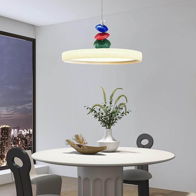 Mikeru Modern Pendant Lights, 23.6" Cream Yellow Pendant Lighting Fixture with Remote Control Dimmable 3 Color Mode & Brightness Mid Century Island Light Fixture for Dining Room,Kitchen,Living Room