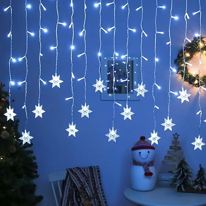 Lainin 12ft/3.5M USB Powered 8 Modes Snowflake Curtain Night Light Icicle Fairy String Light, Perfect for Christmas Wedding Holiday Garden Indoor/Outdoor Party Decoration - White