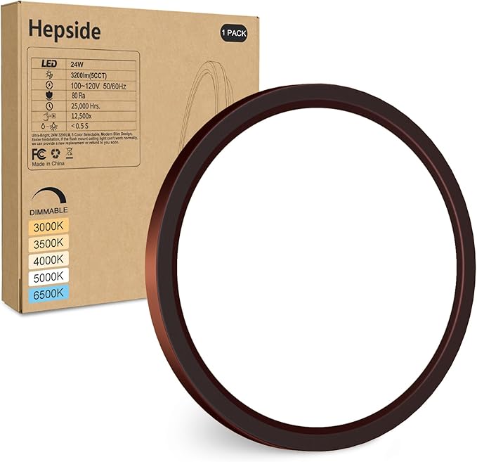 hepside LED Flush Mount Ceiling Light Fixture Oil Rubbed Bronze, 12Inch 24W, Dimmable&3000K-6500K Adjustable Low Profile Ceiling Lights, 3200LM Modern Lamp for Kitchen, Bedroom, Porch, Hallway