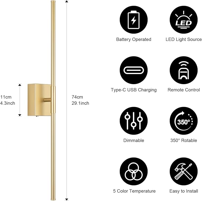 Battery Operated Wall Sconce, 5CCT Dimmable Gold Wall Lights with Remote Control, Timable LED Wireless Wall Sconces, 350° Ratate for Bathroom, Living Room, Hallway 29.1 Inch 1 Pack