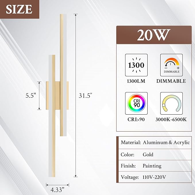 LED Wall Sconce Set of 2 Gold Remote Modern LED Vanity Lights Set of 2 Indoor Wall Light Fixtures for Living Room, Dimmable Wall Sconce for Bedside Bedroom Bathroom, 31.5inch 2 Pack
