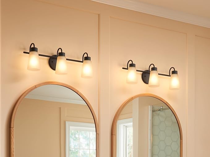 Kichler Stamos 3-Light Bathroom Vanity Light Fixture with Satin Etched Glass Shades, 22 in Modern Wall Light in Black for over Mirror (22 in x 5 in x 8 in), 52608BK