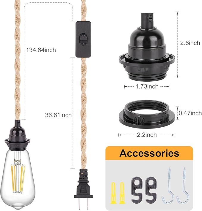 Industrial 15ft Pendant Light Cord - Hanging Light Kit with Switch Plug, Plug-in Pendant Light Cord Rope Pendant Lights Socket Set E26 E27 for Pendant Lamp Farmhouse Lamp Cable DIY Room Decor