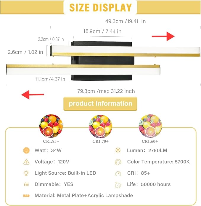 Bathroom Light Fixtures Over Mirror: 32 Inch Retractable LED Bathroom Vanity Light ETL Certified 5CCT 2700K-5700K Wall Light 34W Modern Vanity Light Bar Dimmable - Wall Light Fixtures, Golden 1 Pack