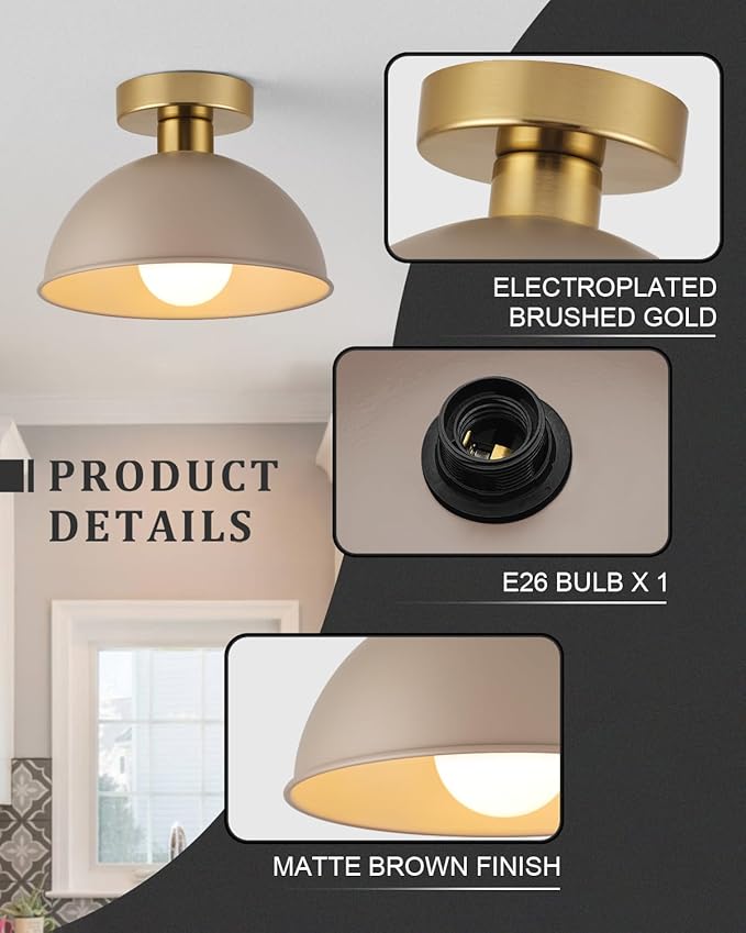 Industrial Semi Flush Mount Ceiling Light with Gold Plate and Brown Shade, Farmhouse Ceiling Light Fixture for Kitchen Island Dining Room Foyer Hallway Porch Barn Loft，10in