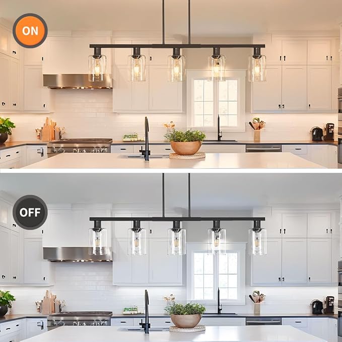 5-Light Kitchen Island Light, Black Dining Room Light Fixture Over Table, Farmhouse Linear Pendant Lights Kitchen Island with Glass Shade, Chandeliers for Pool Table, Sink, Bar, Height Adjustable