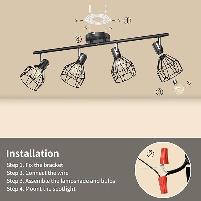 GORDNWE 4-Light Kitchen Track Lighting, Adjustable Metal Wire Cage Ceiling Light with E12 Base, Track Lighting Fixtures Black Farmhouse Ceiling Light Fixture Fits for Bedroom Living Room