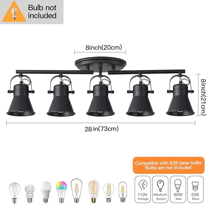 KEESFU 5-Light Track Lighting Kit,Black Semi Flush Mount Ceiling Light with 5 Rotatable Light Heads,Modern Accent Lighting for Livingroom,Bedroom,Hallway,Art Wall,Bathroom,Kitchen.(5-Light)