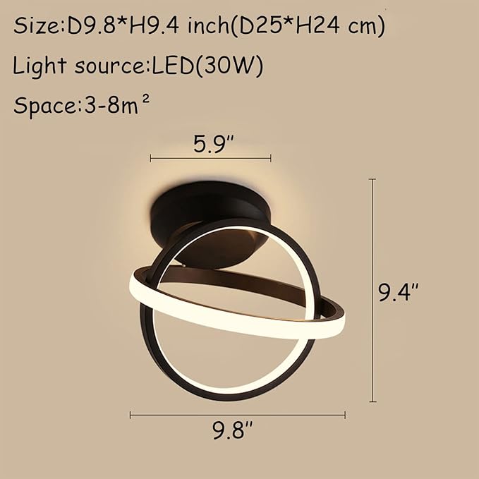 CANEOE Black Led Hallway Light, 3000K Modern LED Ceiling Light Fixtures, Creative Design Round Hallway Light Fixtures for Living Room Bedroom Corridor Aisle Indoor Ceiling Lamp (Warm White)