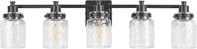 5 Lights Bathroom Light Fixtures Farmhouse Black Vanity Lights for Bathroom Lighting Fixtures Over Mirror with Hammered Glass Lampshade for Cabinet Mirror Bedroom Hallway