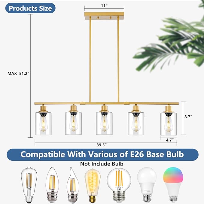 39.4" Kitchen Island Lighting, 5 Lights Clear Glass Pendant Light Fixtue, Golden Linear Metal Chandelier for Dining&Living Room Foyer,Height Adjustable,E26 Socket