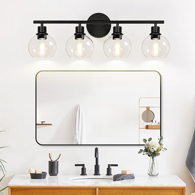 Indoi 4-Light Bathroom Light Fixtures, Black Bathroom Lights Over Mirror with Clear Glass Globe Shade, Vanity Lights for Bathroom Kitchen Living Room Hallway Cabinet Bedroom Porch
