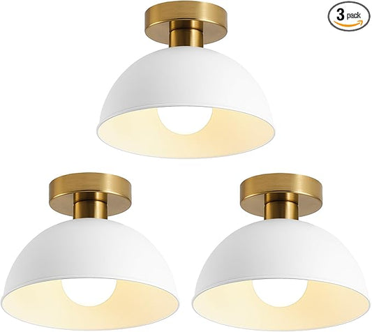 3-Pack Industrial Semi Flush Mount Ceiling Light with Gold Plate and White Shade, Farmhouse Ceiling Light Fixture for Kitchen Island Dining Room Foyer Hallway Porch Barn Loft，10in
