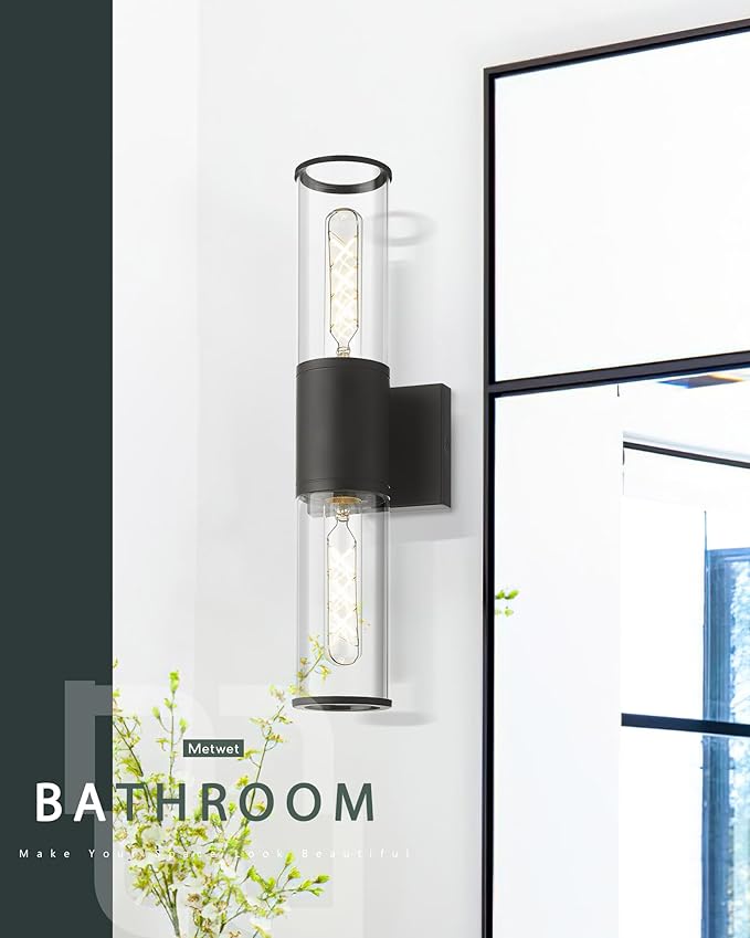 Black Vanity Light Set of 2, 2 Light Modern Bathroom Light Fixtures Over Mirror with Clear Glass Shade, Up and Down Indoor Wall Sconce for Bathroom Bedroom Hallway, VL834-MB-2PK