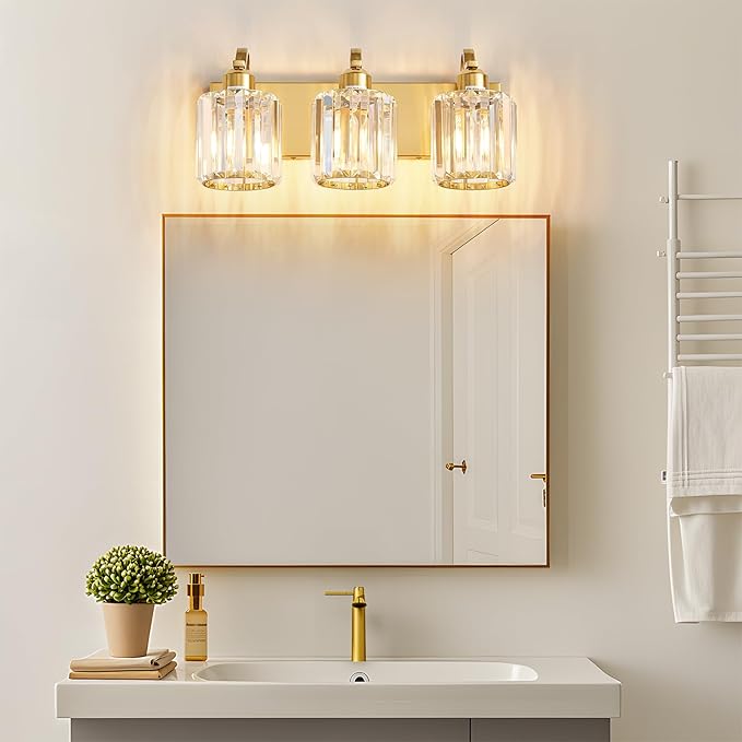 3-Light Gold Bathroom Light Fixtures,Modern Bathroom Vanity Lights Fixture with Clear Crystal Glass Shade, Modern Crystal 3 Lights Wall Sconce (Exclude Bulb)