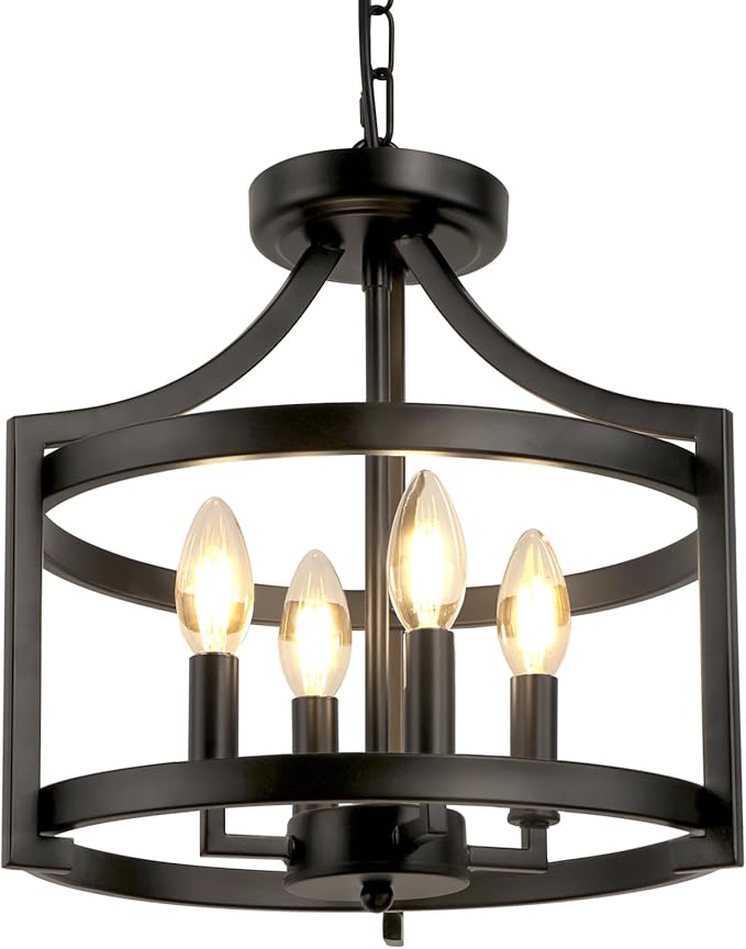 4-Light Farmhouse Chandelier, Modern Hanging Pendant Lighting, Convertible Semi Flush Mount Ceiling Light Fixture Rustic Vintage Black Chandeliers for Dining Room Kitchen Foyer Entryway