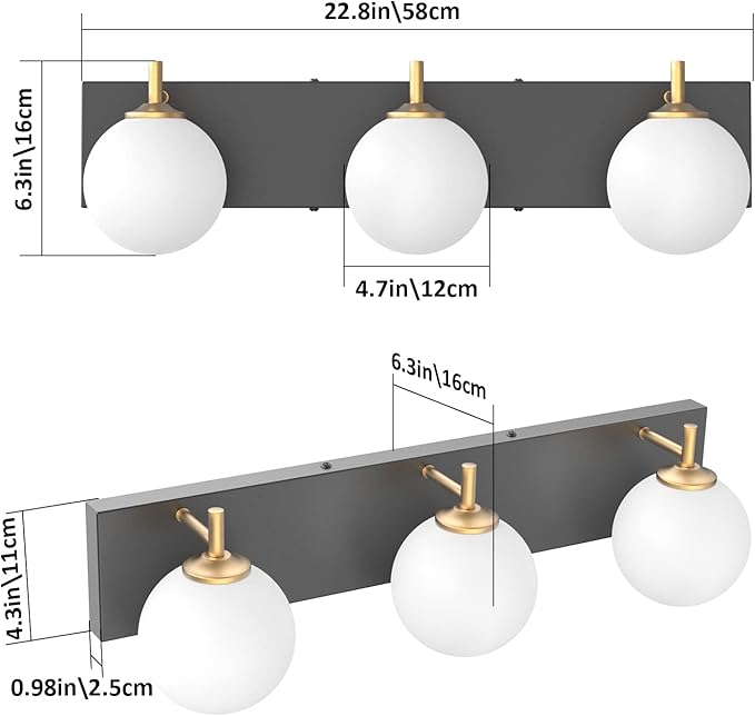 Aipsun Mid Century Modern Bathroom Vanity Light 3 Lights Milky White Glass Shades Black/Golden Bathroom Light Fixture(Exclude Bulb)