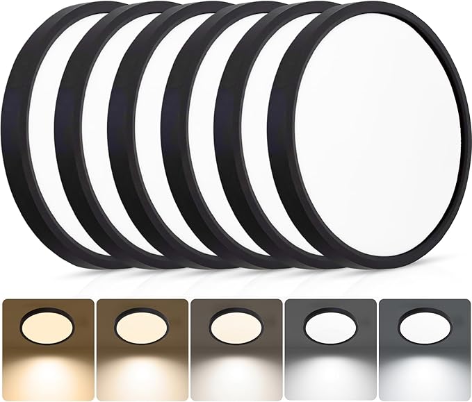 6Pack 9 Inch 2160LM Flush Mount Ceiling Light Fixtures, 2700K 3500K 4000K 5000K 6500K Selectable, 180W Equivalent Close to Ceiling Flat LED Lights for Bedroom Kitchen Hallway Closet,Black
